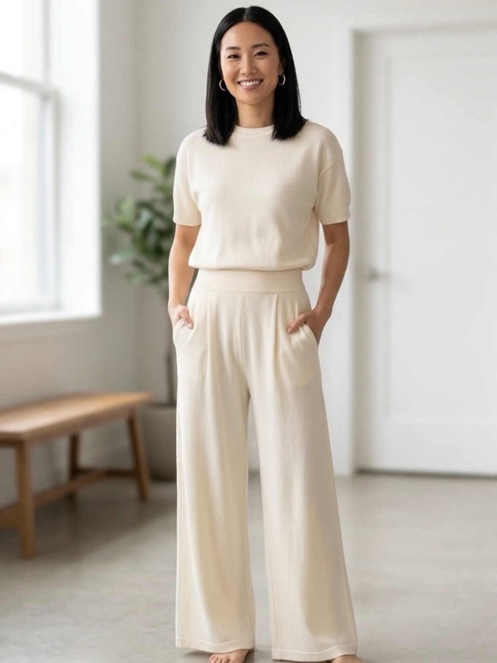 YUNA Boho Cream High Rise Wide Leg Knit Pantsuit Co-Ord Set M NWOT